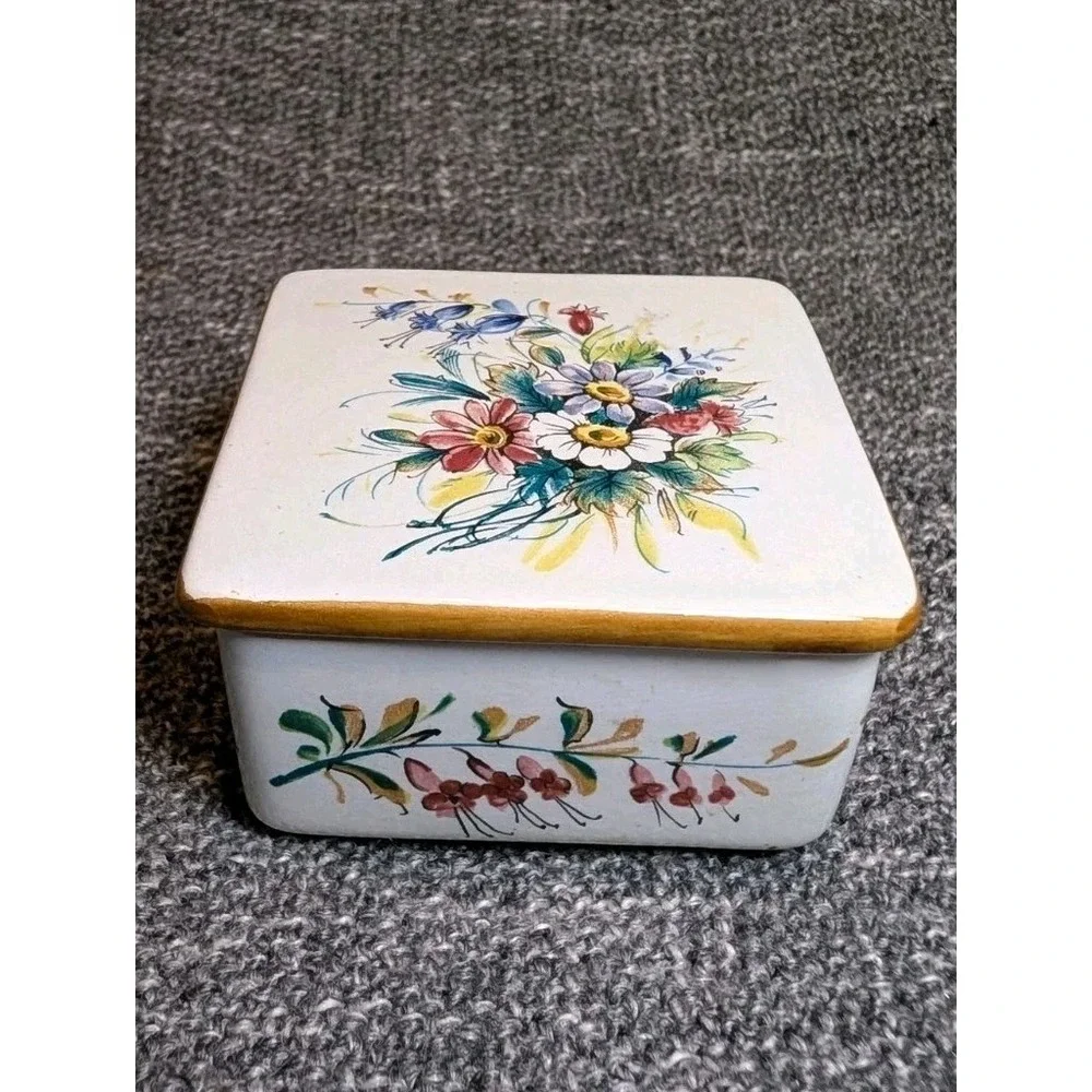 Vintage KV Ker-Vitrel Ceramic Trinket Box France Hand Painted Floral Square